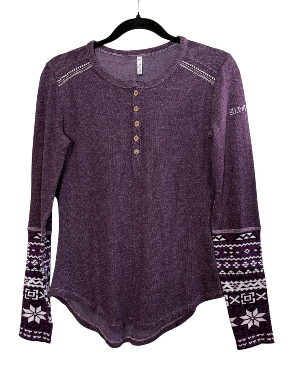 Alp N Rock Purple Nordic Fair Isle Henley Thermal Embroidered Sleeve Cuffs Sz XS